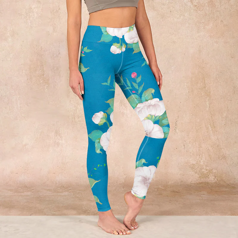 Mocoer Blue White Flowers Leaves Print Sports Leggings Women's Yoga Pants - Mocoer
