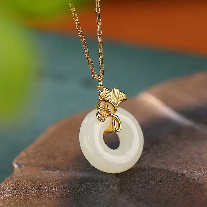 Mocoer 925 Sterling Silver Natural Hetian Jade Ginkgo Leaf Peace Buckle Luck Necklace Pendant - Mocoer