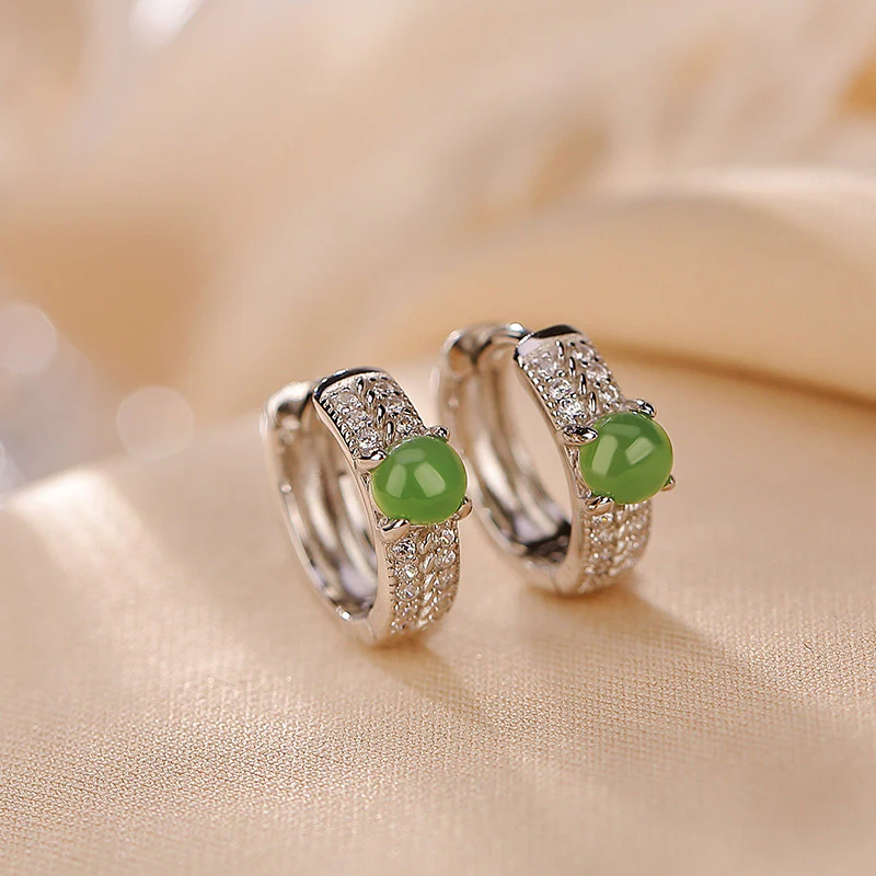 Mocoer 925 Sterling Silver Round Cyan Jade Success Stud Earrings - Mocoer