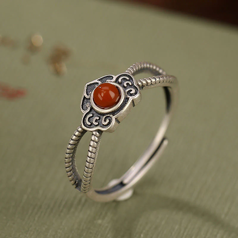 Mocoer 925 Sterling Silver Red Agate Bead Logical Thinking Ring - Mocoer