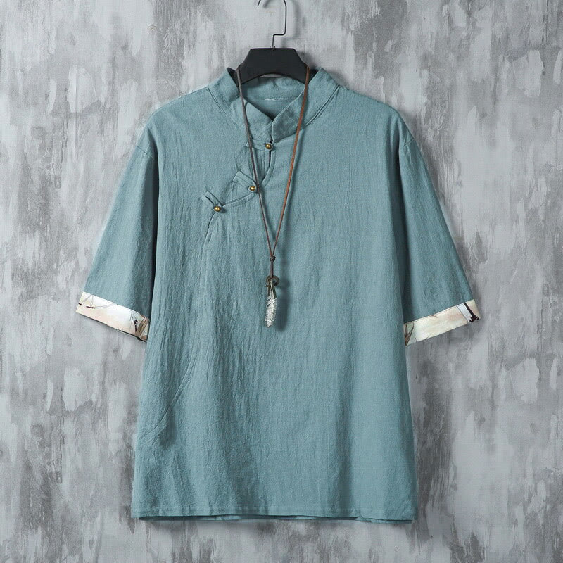 Mocoer Summer Chinese Frog-Button Printing Men's Plain Patchwork Half Sleeve Cotton Linen Shirt - Mocoer