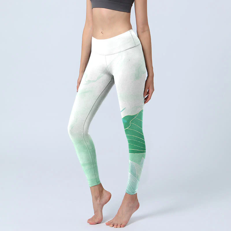Mocoer Mint Green Lotus Leaf Dragonfly Print Exercise Leggings Women's Yoga Pants - Mocoer
