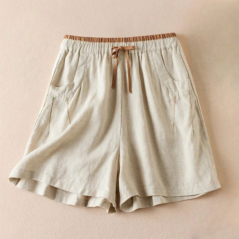 Mocoer Wild Simple Design Embroidery Drawstring Cotton Linen Women's Shorts With Pockets - Mocoer