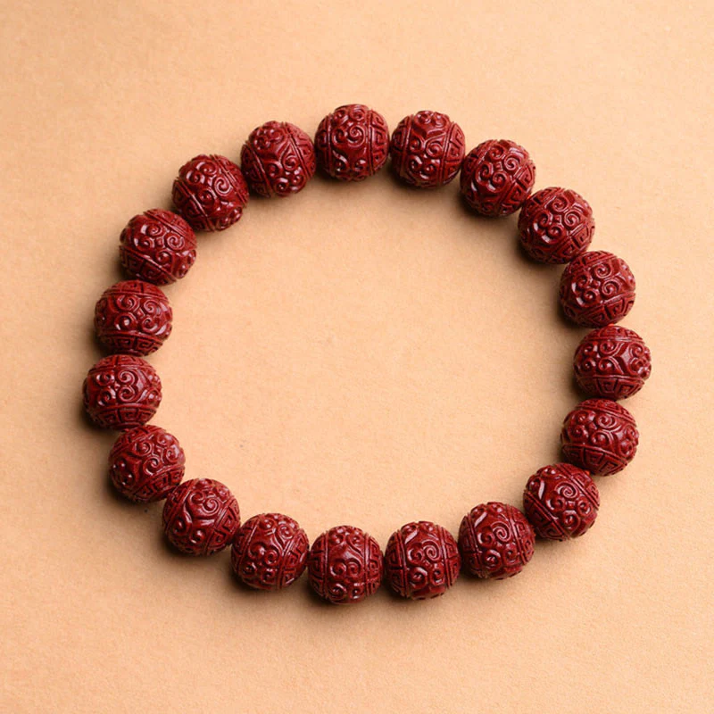 Mocoer Natural Cinnabar Om Mani Padme Hum Fret Pattern Lotus Blessing Bracelet - Mocoer