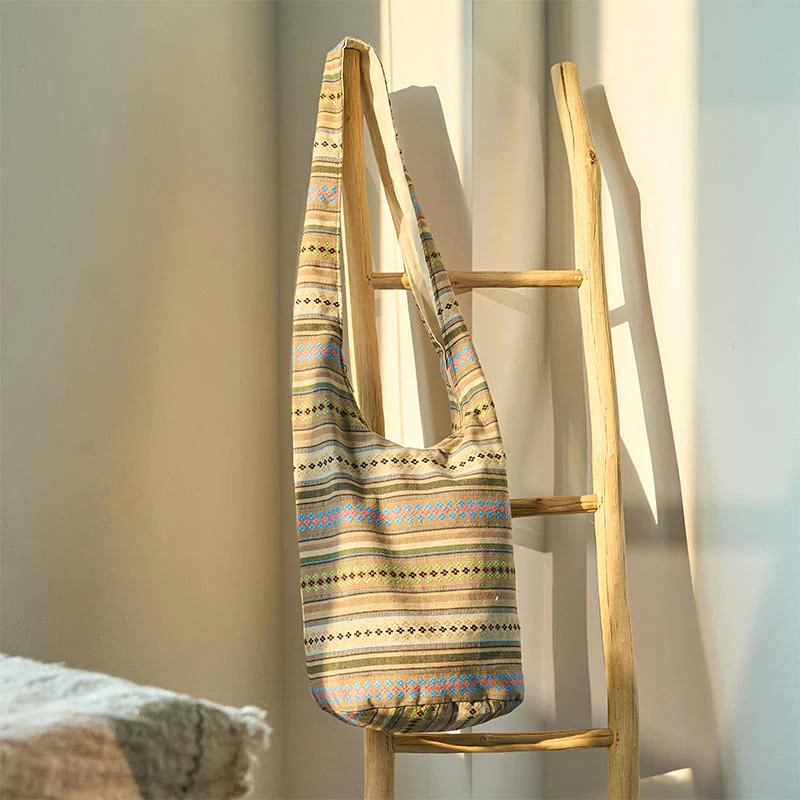 Mocoer Khaki Brown Geometric Stripes Pattern Cotton Crossbody Bag Shoulder Bag - Mocoer