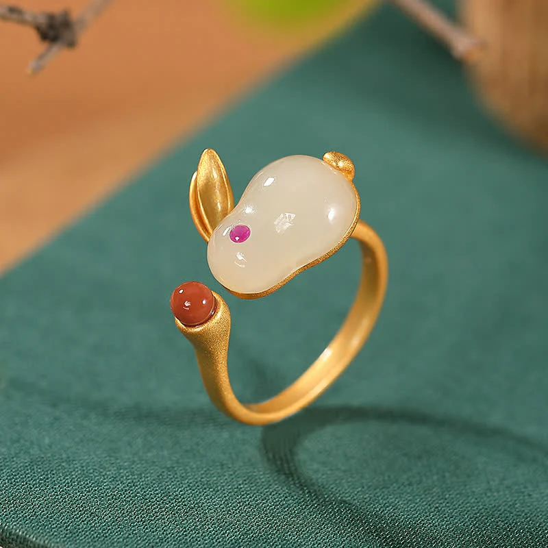 Mocoer 925 Sterling Silver Year of the Rabbit Hetian Jade Luck Ring Earrings Necklace Pendant - Mocoer