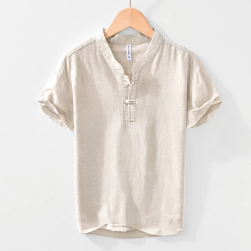 Mocoer Soft Plain Frog-button Crew Neck Cotton Linen Half Button Men's Shirt - Mocoer