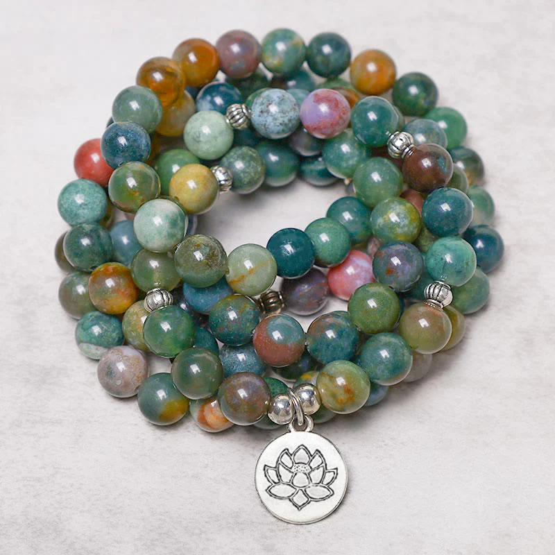Mocoer 108 Mala Beads Indian Agate Lotus OM Buddha Tree of life Positive Calm Bracelet - Mocoer