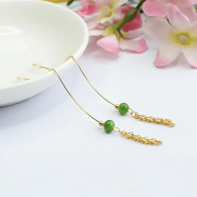 Mocoer 925 Sterling Silver Natural Hetian Cyan Jade Bead Luck Phoenix Tail Drop Earrings - Mocoer