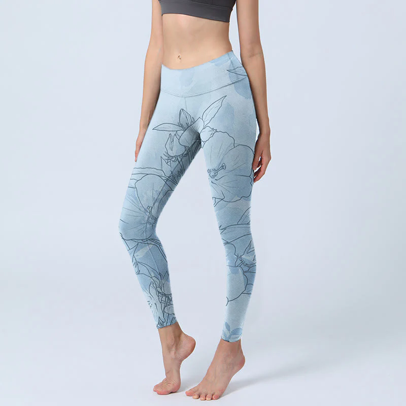 Mocoer Blue Flower Sketch Print Sports Leggings Women's Yoga Pants - Mocoer