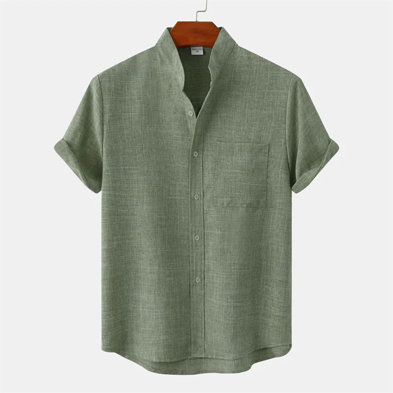 Mocoer Summer Men's Button Plain Short Sleeve Cotton Linen Shirt With Pocket - Mocoer
