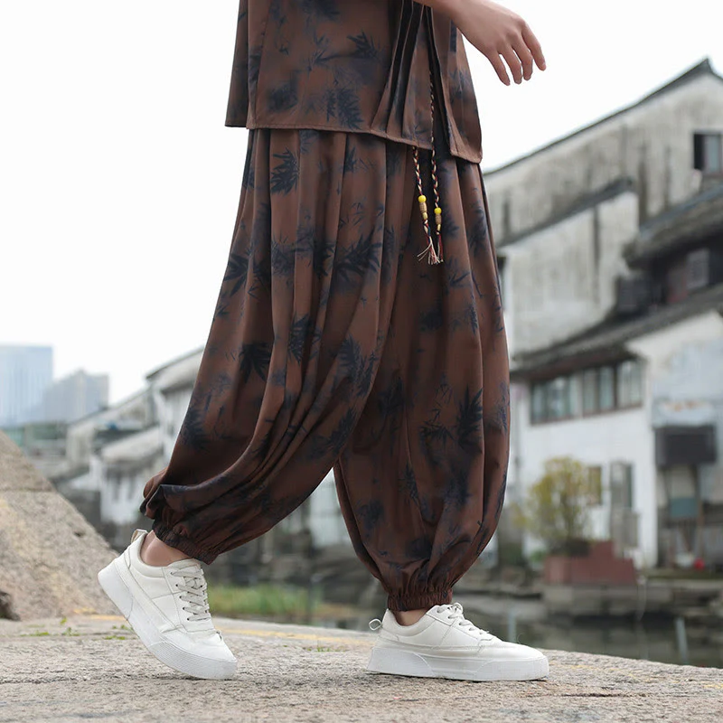Mocoer Bamboo Leaves Pattern Loose Men's Harem Pants With Pockets - Mocoer