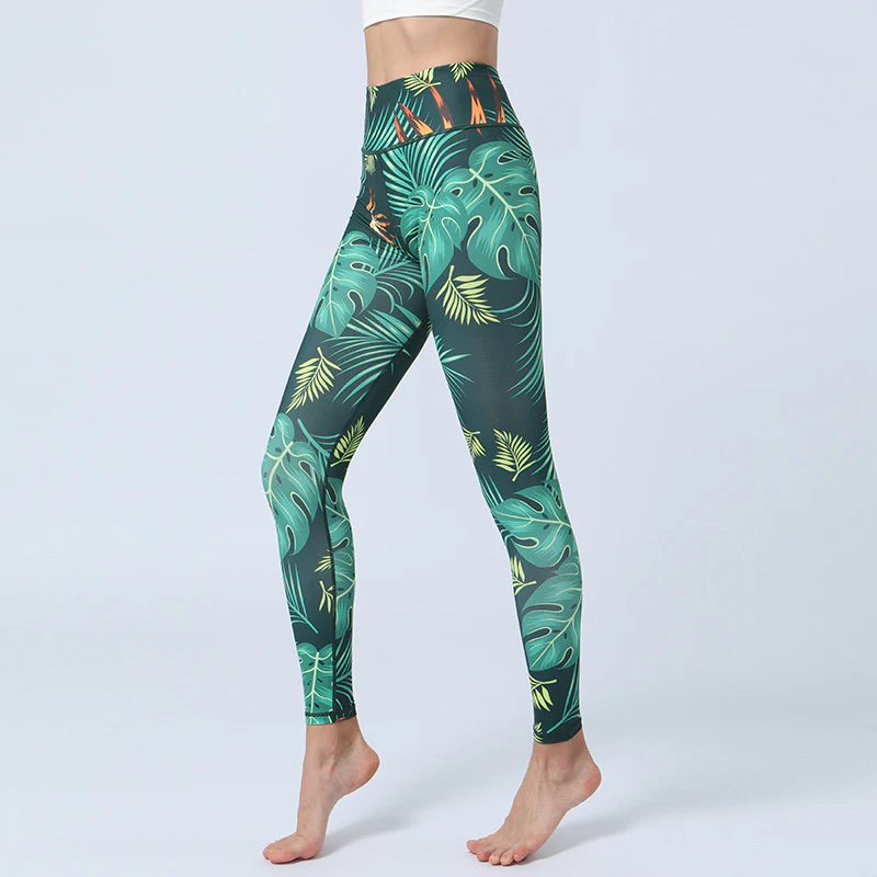 Mocoer Leaves Print Pants Sports Fitness Yoga High Waist Leggings Women's Yoga Pants - Mocoer