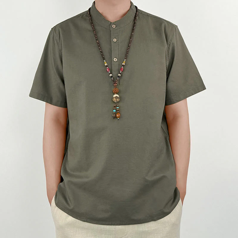 Mocoer Solid Color Men Short Sleeve Button Linen Shirt - Mocoer
