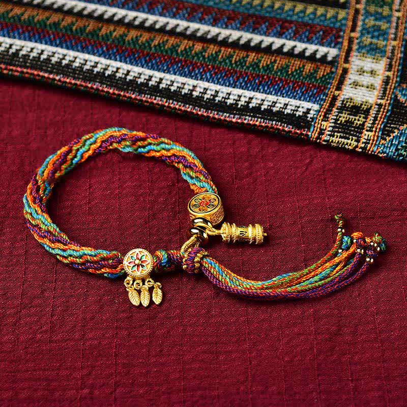 Mocoer Tibetan Luck Reincarnation Knot Prayer Wheel Dream Catcher Braid String Bracelet - Mocoer