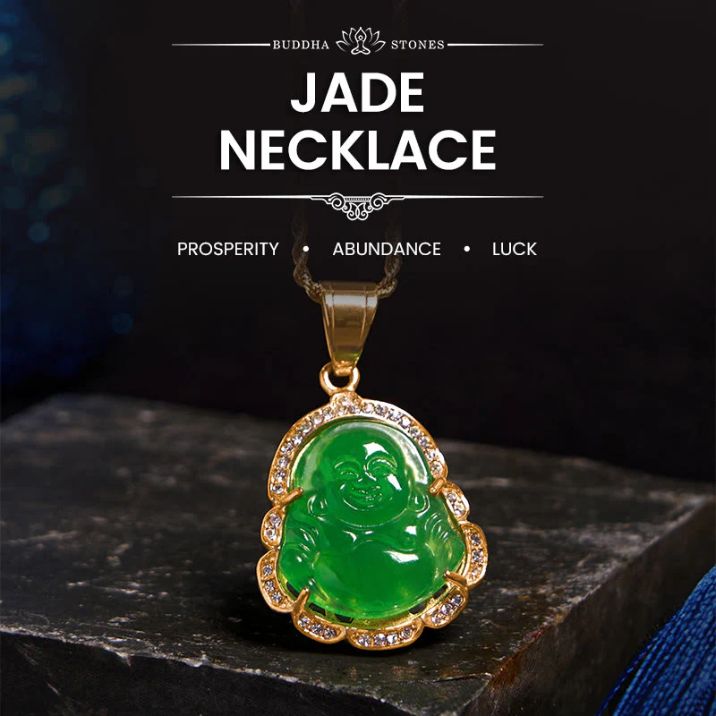 Mocoer 18K Gold Filled Laughing Buddha Jade Luck Necklace Chain Pendant - Mocoer