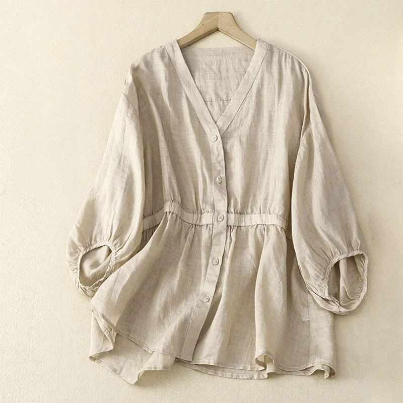Mocoer Spring Plain Button Half Puff Sleeve Waisted V-Neck Cotton Linen Women's Shirt - Mocoer
