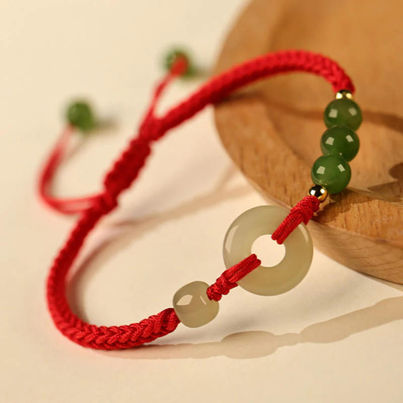 Mocoer Natural Hetian Jade Peace Buckle Red String Protection Luck Bracelet - Mocoer