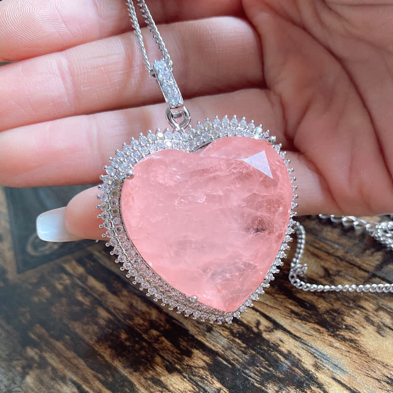 Mocoer Rose Quartz Crystal Love Heart Relationships Necklace Pendant - Mocoer