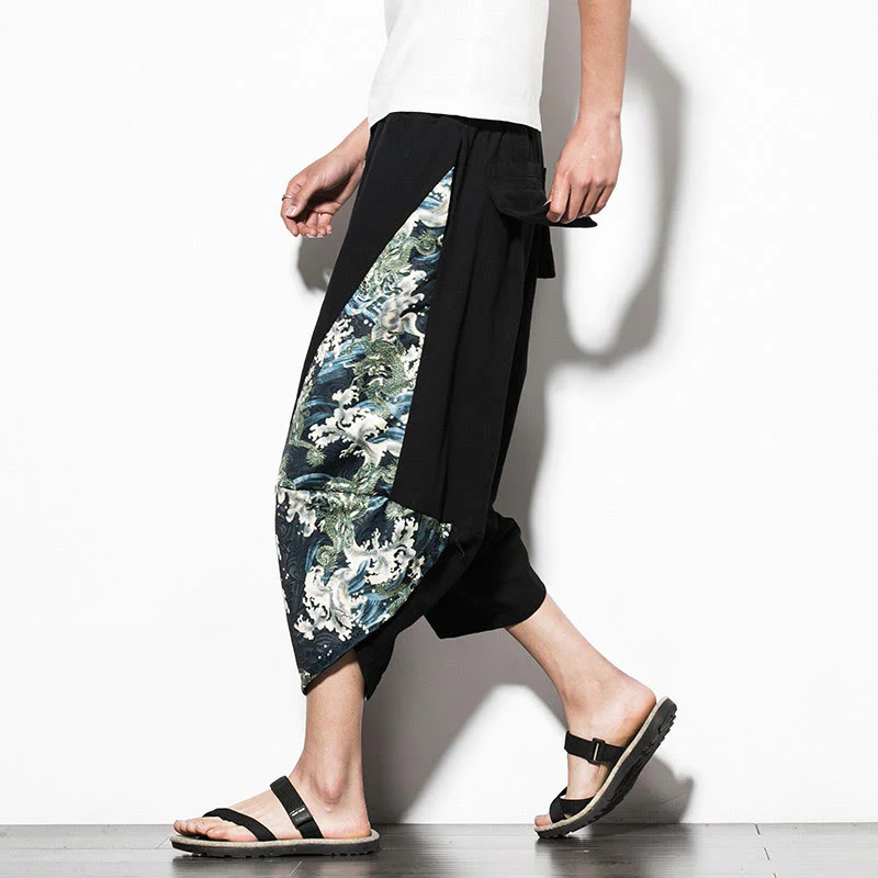 Mocoer Green Waves Print Cotton Men's Cropped Harem Pants With Pockets - Mocoer