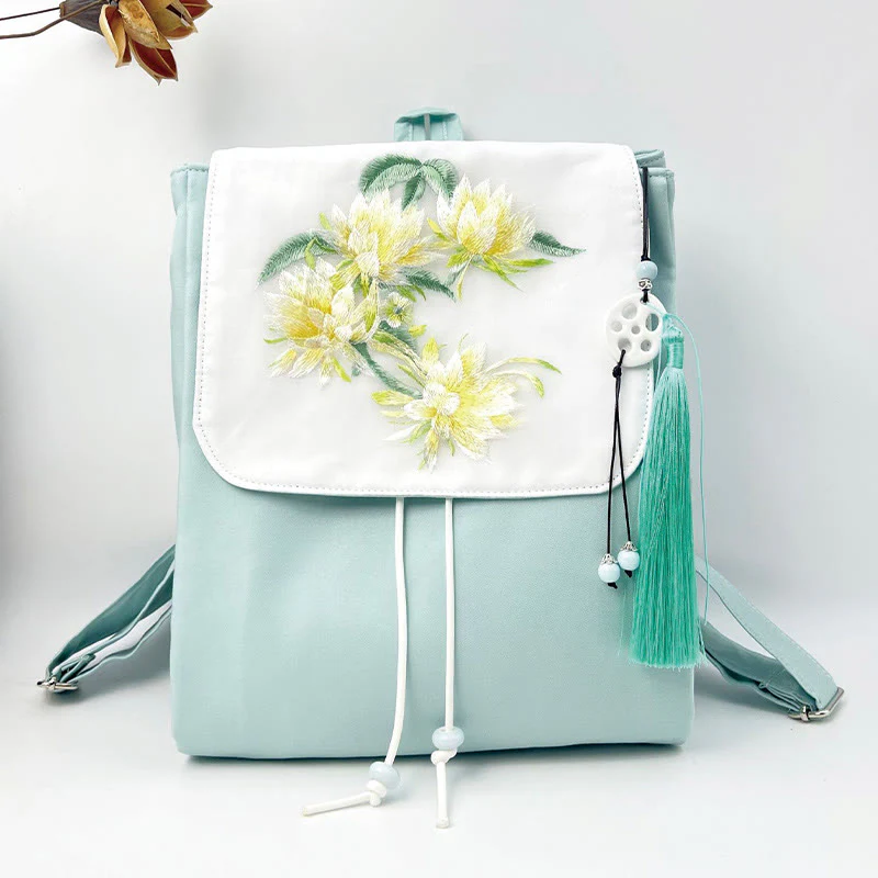 Mocoer Handmade Blue Epiphyllum Embroidered Large Capacity Canvas Backpack - Mocoer