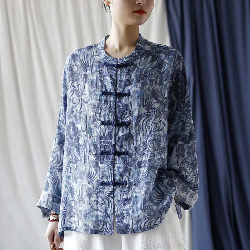 Mocoer Retro Blue White Flowers Frog-Button Design Long Sleeve Ramie Linen Jacket Shirt - Mocoer