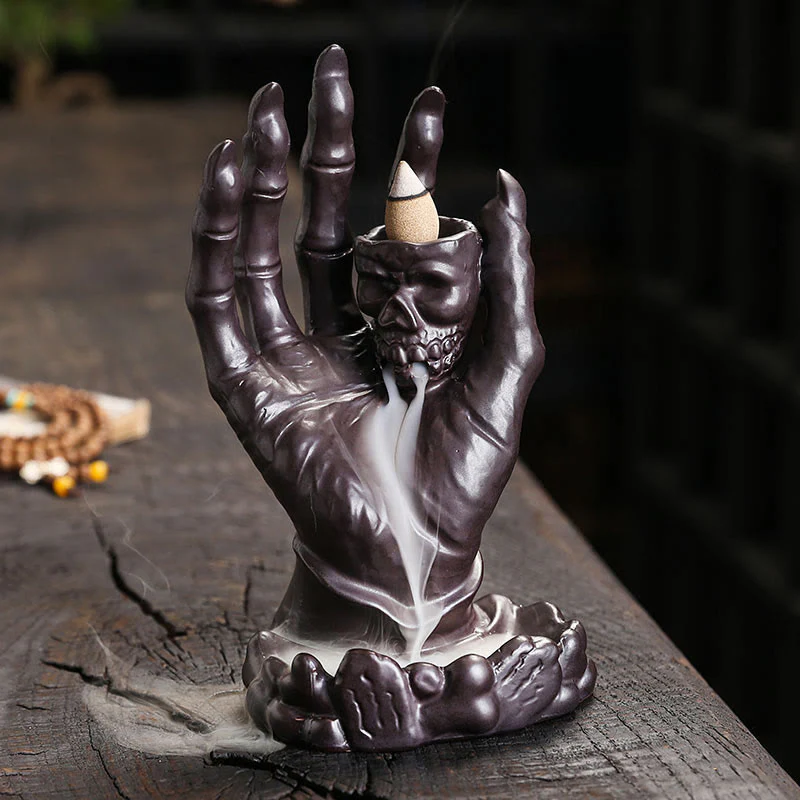 Mocoer Halloween Ghost Hand Skull Head Ceramic Peace Healing Incense Burner Decoration - Mocoer