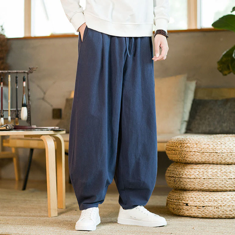 Mocoer Solid Color Cotton Linen Drawstring Men's Harem Pants With Pockets - Mocoer