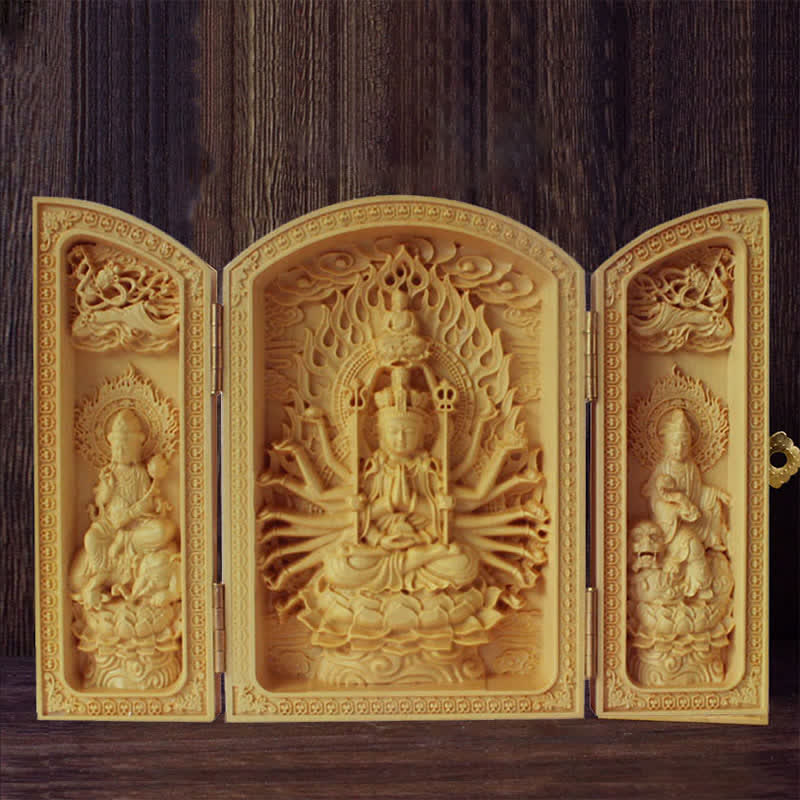 Mocoer Thousand-armed Avalokitesvara Kwan Yin Buddha Boxwood Wealth Home Decoration Altar - Mocoer