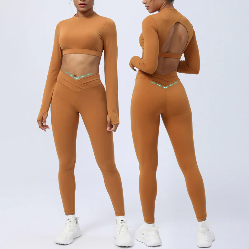 Mocoer 2Pcs Long Sleeve Backless Top Bra Leggings Pants Fitness Yoga Outfit Set - Mocoer