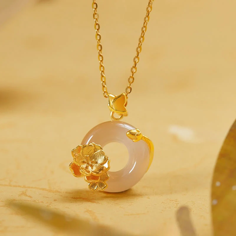 Mocoer Natural 925 Sterling Silver White Chalcedony Peace Buckle Peach Blossom Butterfly Positive Necklace Pendant - Mocoer