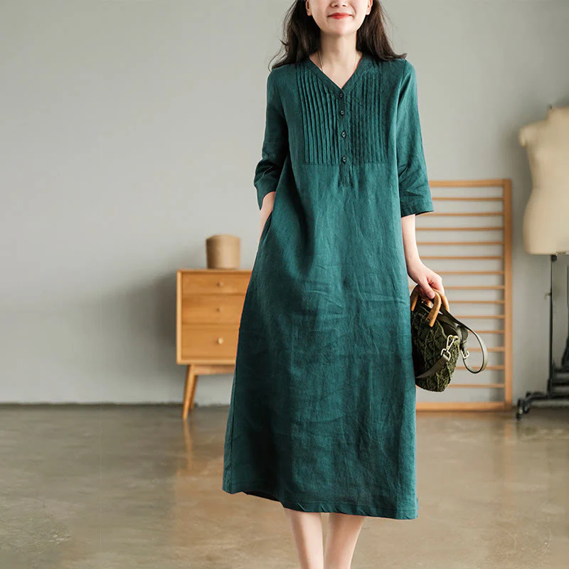 Mocoer Casual Plain Accordion Pleats V-neck Half Sleeve Design Linen Midi Dress With Pockets - Mocoer