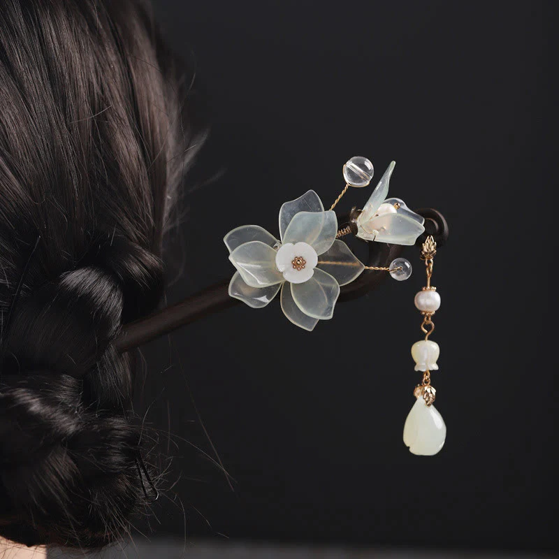 Mocoer Ebony Jade Shell Magnolia Tassel Blessing Hairpin - Mocoer