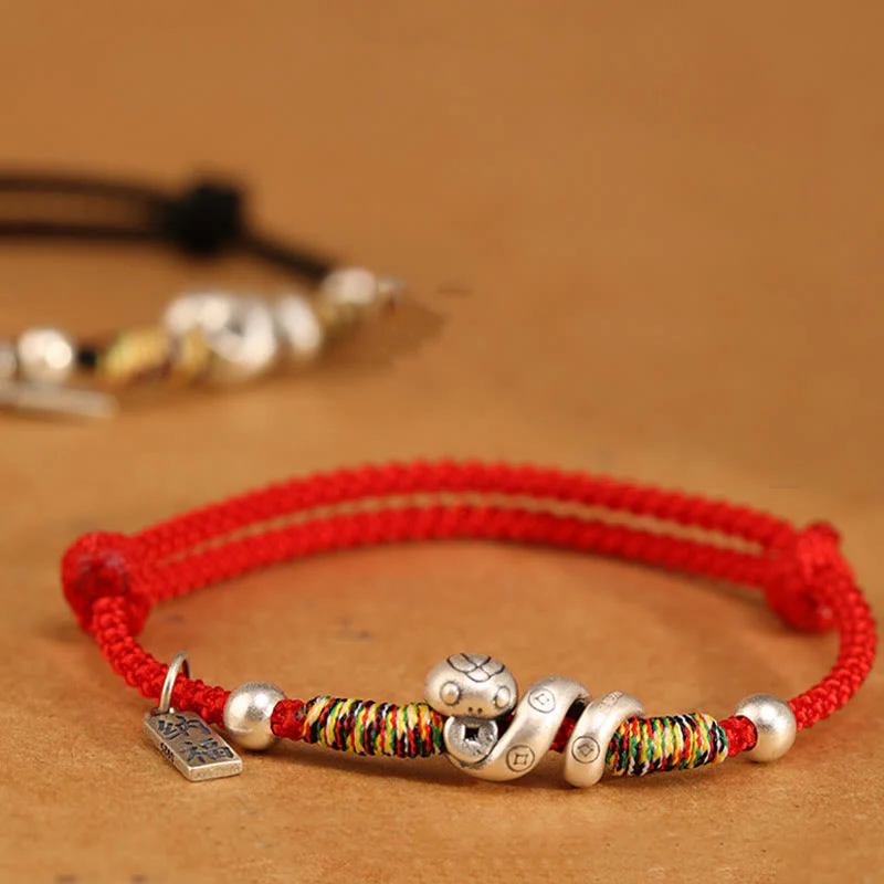 Mocoer 999 Sterling Silver Year of the Snake Handmade Lucky Fortune Fu Character Copper Coin Blessing Bracelet - Mocoer