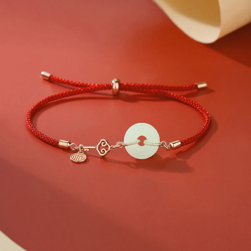 Mocoer Natural Hetian Jade Peace Buckle 925 Sterling Silver Red String Fu Character Protection Luck Bracelet - Mocoer