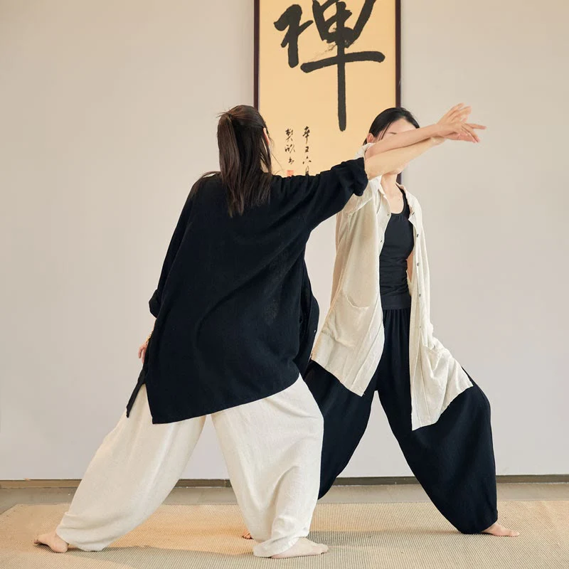 Mocoer Plain Long Sleeve Coat Jacket Top Wide Leg Pants Zen Tai Chi Yoga Meditation Clothing - Mocoer