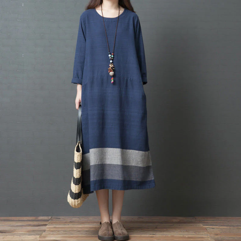 Mocoer Casual Stripes Long Sleeve Cotton Linen Midi Dress With pockets - Mocoer