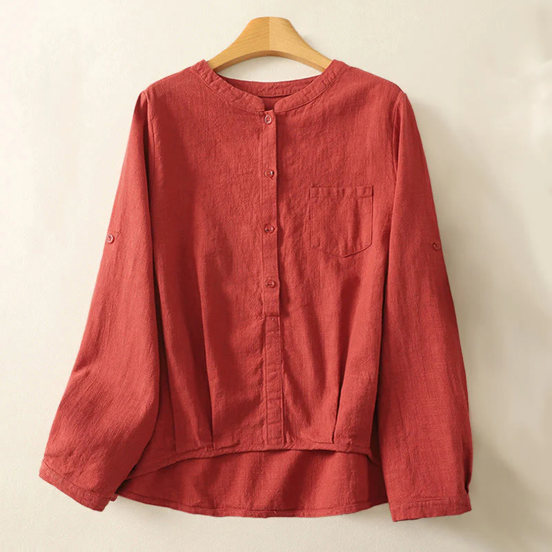 Mocoer Casual Women's Loose Standing Collar Long Sleeve Design Plain Cotton Linen Shirt - Mocoer