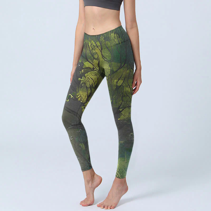 Mocoer ForestGreen Leaves Black Lines Print Exercise Leggings Women's Yoga Pants - Mocoer