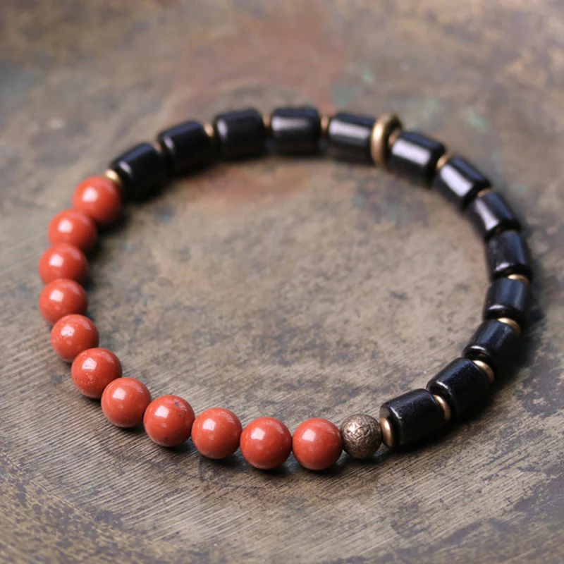Mocoer Ebony Wood Red Jasper Moss Agate Crystal Copper Peace Couple Bracelet - Mocoer