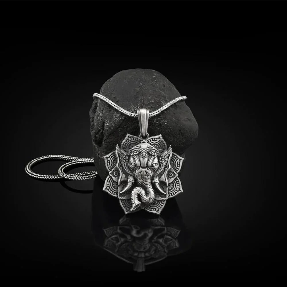 Mocoer Pure Tin Ganesh Ganpati Elephant Protection Amulet Necklace Pendant - Mocoer