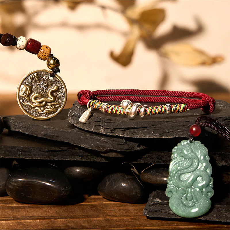 Mocoer Lucky Prosperity The Year of The Snake 2025 Green Jade Red String Protection Bundle - Mocoer