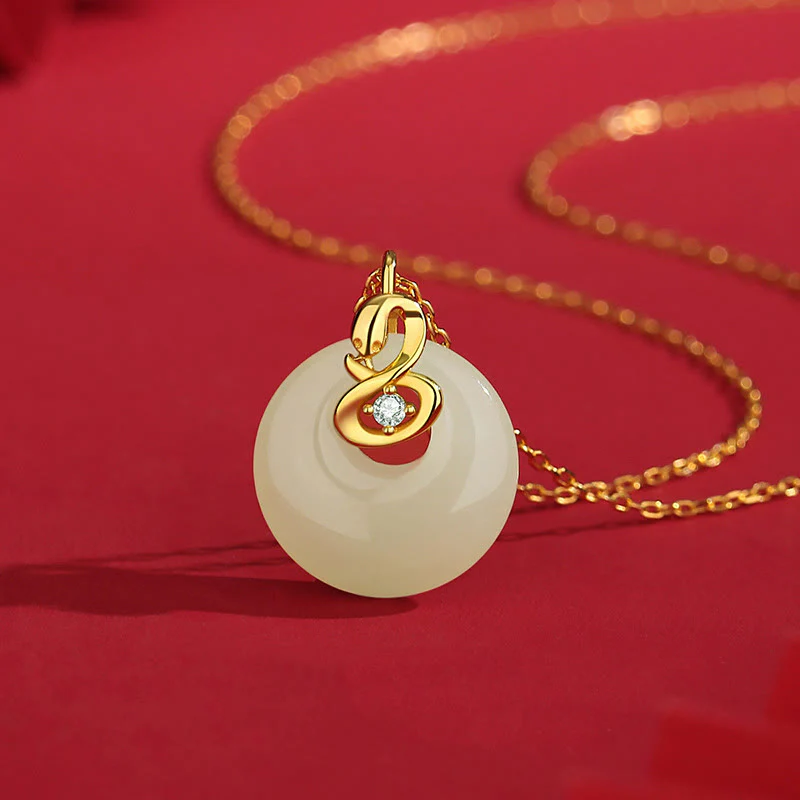 Mocoer 925 Sterling Silver Hetian Jade Year Of The Snake Peace Buckle Blessing Necklace Pendant - Mocoer
