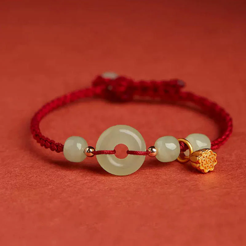 Mocoer Round Peace Buckle Jade Lotus Happiness Abundance Wealth String Bracelet - Mocoer