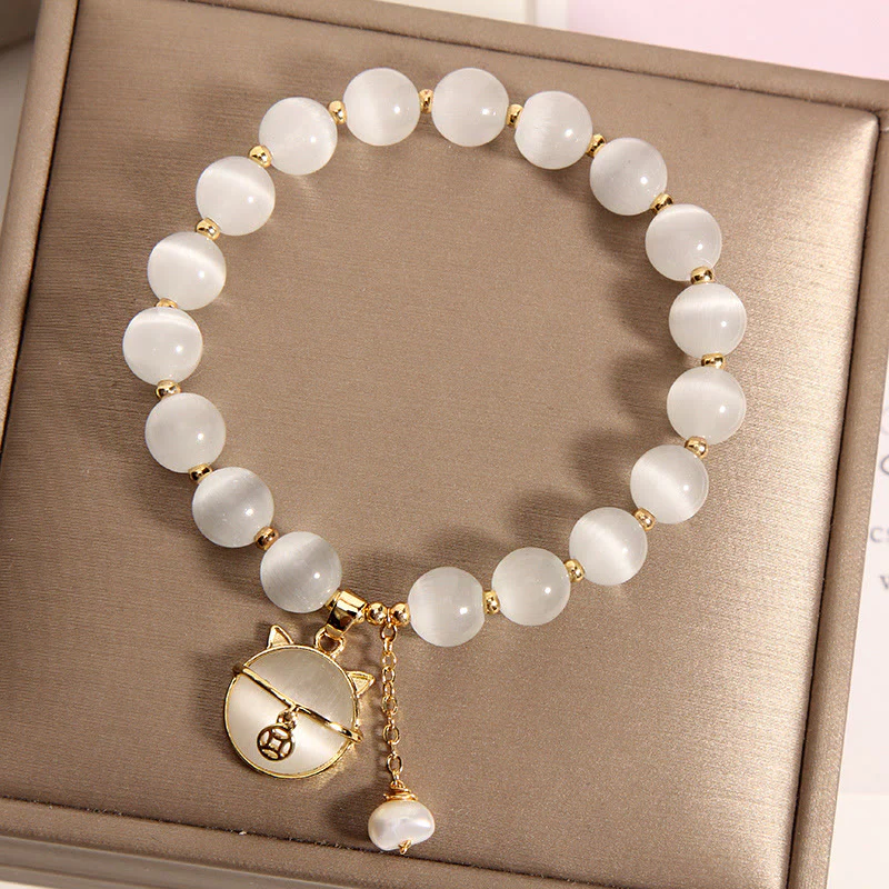 Mocoer Cat's Eye Lovely Cat Pattern Pearl Love Charm Bracelet - Mocoer
