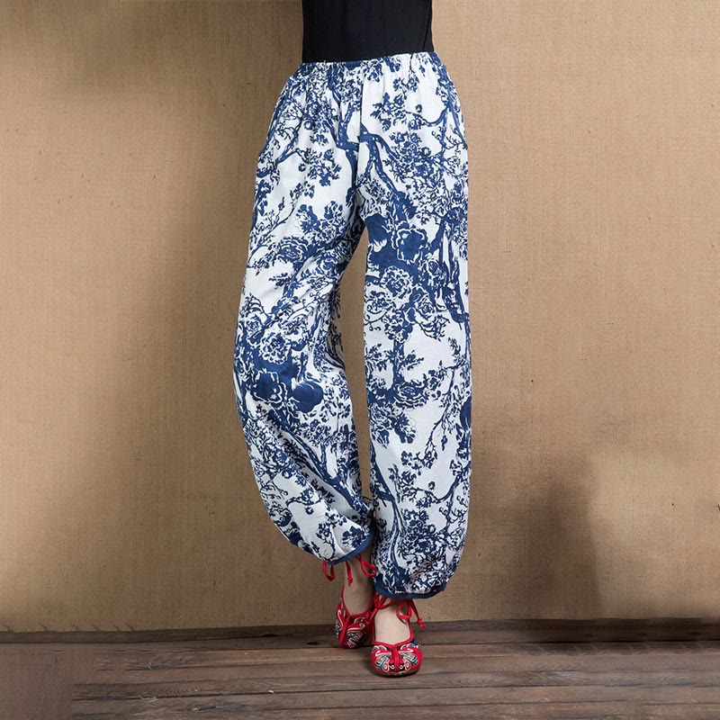 Mocoer Blue Tree Flowers Print Harem Pants With Pockets - Mocoer