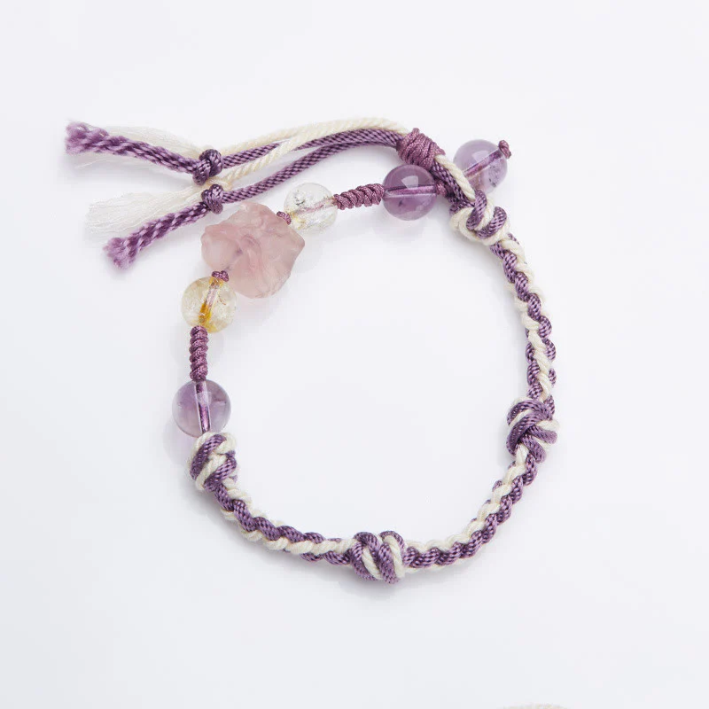 Mocoer Natural Fluorite Amethyst Silver Sheen Obsidian Tiger's Eye Protection Rope Bracelet - Mocoer