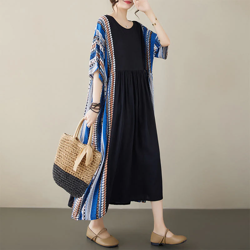 Mocoer Black Blue Stripes Short Sleeve Midi Dress With Pockets - Mocoer