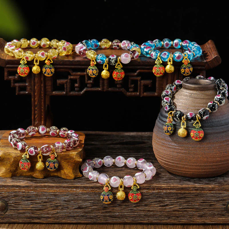 Mocoer Gold Swallowing Beast Family Pink Love Heart Luminous Fluorescent Liuli Glass Bead Bracelet - Mocoer