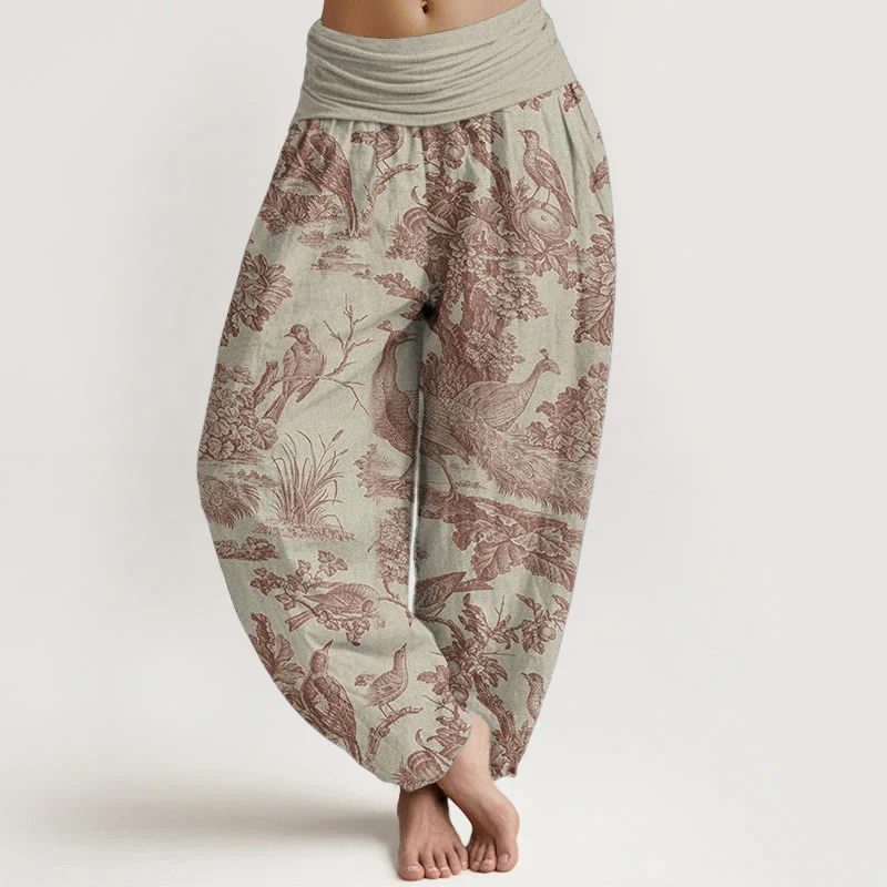 Mocoer Pure Cotton Birds Trees Branches Pattern Women's Elastic Waist Harem Pants - Mocoer
